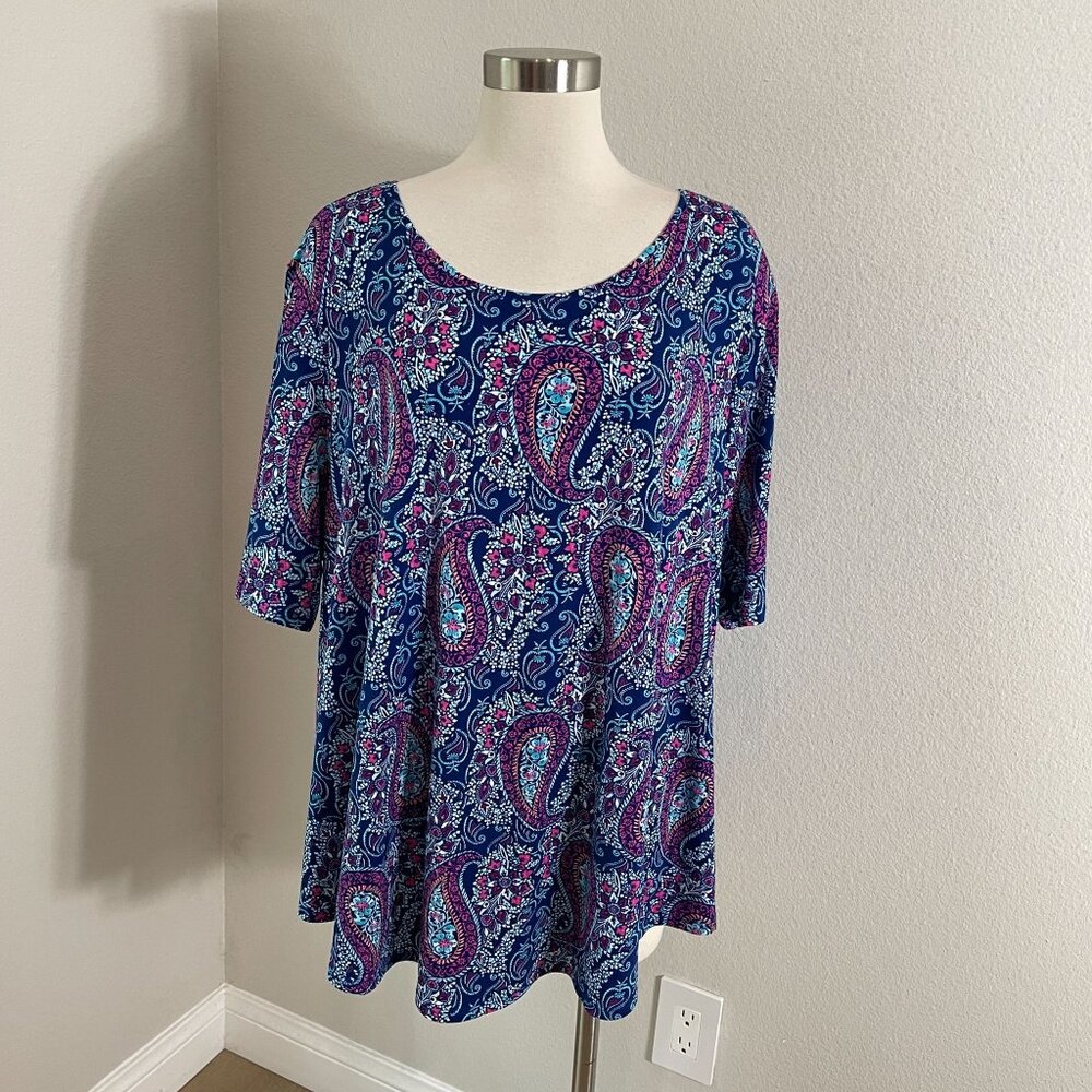 Chicos Womens Plus‎ XXL Blue Pink Paisley Tunic Top Short Sleeve Stretch Shirt